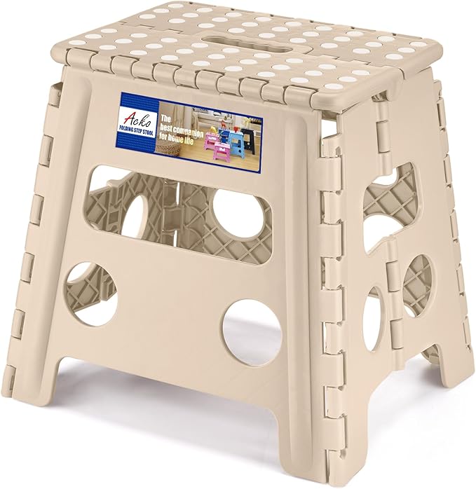 ACKO Folding Step Stool, 13 Inch Non-Slip Foldable Step Stool for Adults & Kids, Up to 300 lbs, Lightweight Collapsible Foot Stools with Carry Handle for Kitchen, Bathroom, Bedroom, Khaki