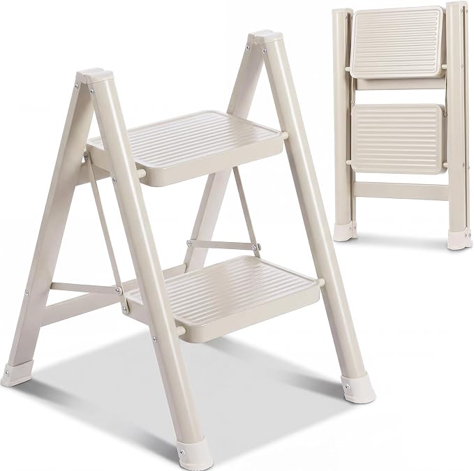 2 Step Ladder Lightweight Portable Folding Step Stool with Anti-Slip Wide Pedal 330lbs Capacity Carbon Steel Ladder for Household,Office,Library(White)