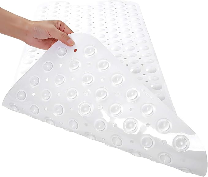 TEESHLY Bath Tub and Shower Mats, Non-Slip 39 x 16 Inch Extra Long Bathtub Mat, Machine Washable BathMat with Drain Holes, Suction Cups for Bathroom (Opaque White)