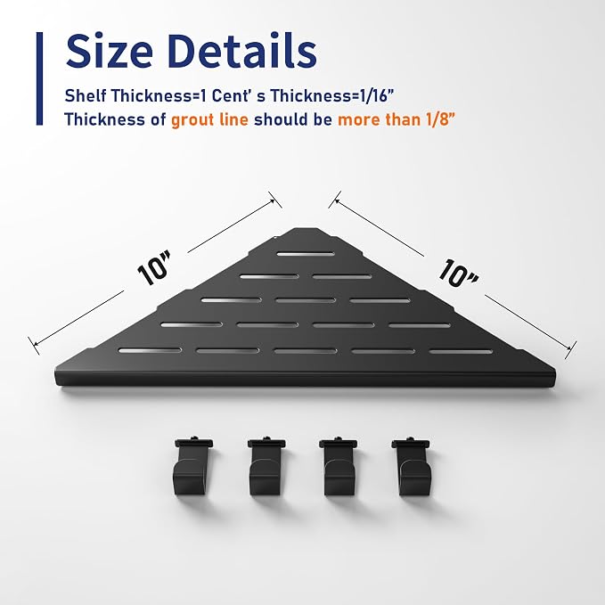 Corner Shower Shelf w/Hooks, Grout in Bathroom Shelves for Tiled Wall, 304 Stainless Steel Recessed Shower Shelf (Matte Black, 10''-2pcs)