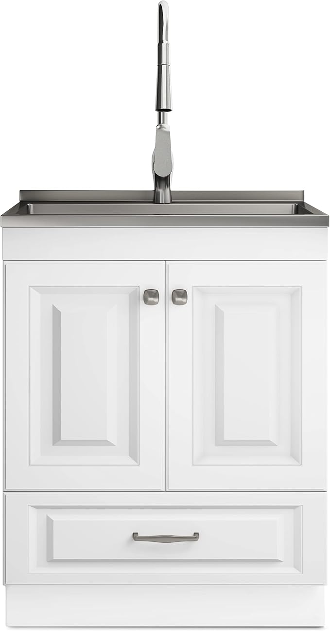 SIMPLIHOME Lawrence All-in-One 28 inch Wide Utility Sink and Laundry Cabinet in Pure White Finish, Transitional Stainless Steel Sink Cabinet for Laundry Rooms with High-Arch Brushed Nickel Faucet