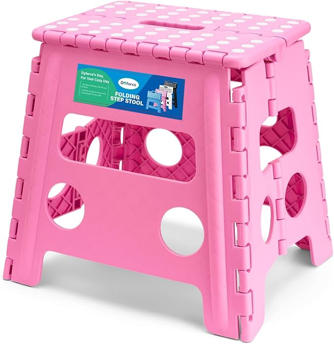 Dyforce Non-Slip Folding Step Stool - 13 inch Height Heavy Duty Foldable Stool for Adults Kids, Plastic Step Stool Camping Stepping Stool - Pink