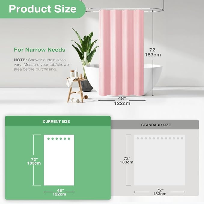 Dynamene Stall Fabric Shower Curtain - 48 inch Wide Waffle Weave Weighted Thick Cloth Shower Curtains for Bathroom, Neutral Heavy Duty Hotel Spa Luxury Bath Curtain Set with 8 Hook, 48x72, Pink