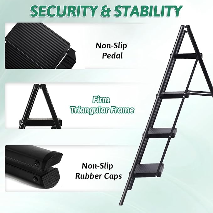 4-Step Folding Ladder, Heavy Duty Ladders for Home & Kitchen, Folding Ladder Easy to Store, Tall Ladder for Adults, Anti-Slip & Space-Saving Step Ladder, 330 Lbs Capacity