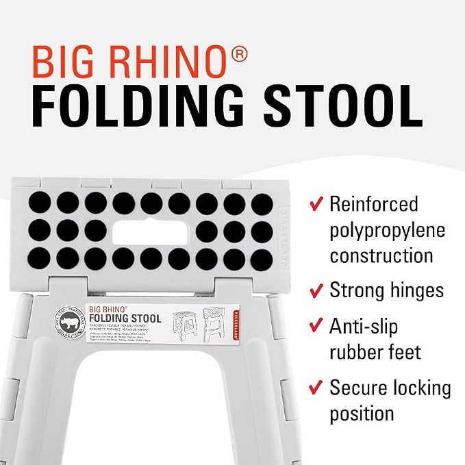 Kikkerland Rhino Foldable Step Stool – Holds Adults up to 300 Lbs, Best for Kitchen & Bathroom – Collapsible, Portable, Lightweight Stepping Stool with Sturdy, Non-Slip Design – White, 15”