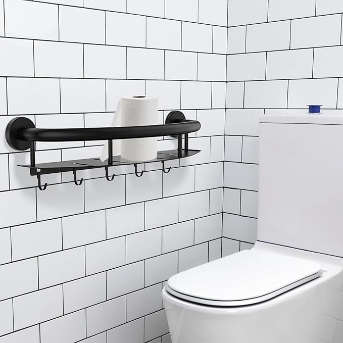 Black Shower Grab Bar Shelf 18 Inch, Zepolu Stainless Steel Shampoo Shelf Grab Bar, Wall Mount Bathroom Shelves Safety Balanced Support Bar Handrail Assist Handle for Elderly Senior Handicap