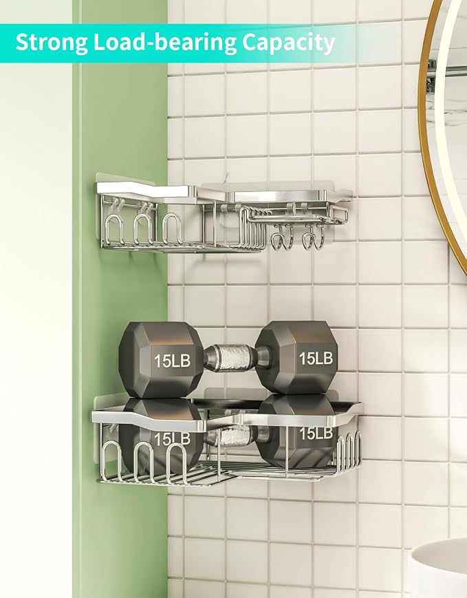 HapiRm Corner Shower Caddy Organizer - Shower Organizer Corner with Shampoo Holder and 11 Hooks, Rustproof Bathroom Shelf for 90° Right Angle - Silver