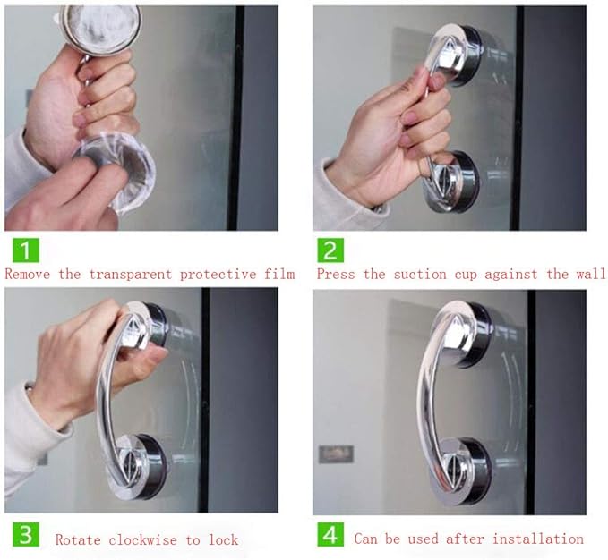 WANLIAN Powerful Suction Cup Glass Mirror Door Handle, Refrigerator Drawer Bathroom Suction Cup wall handrail, Bathtub Shower Handle Kitchen Drawer Cabinet Handle (Silver)