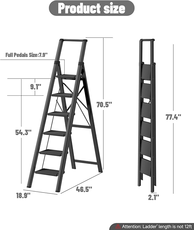 SOLADDER 6 Step Ladder for 12 Feet High Ceiling, Folding Step Stool with Handgrip & Anti-Slip Wide Pedal, Portable Lightweight Aluminum Stepladder for Kitchen, Home (300 lbs Capacity) - Black