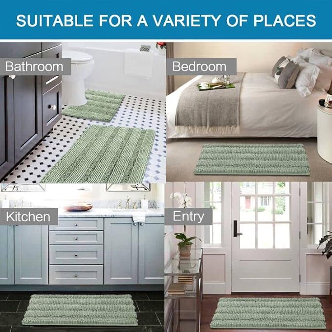 H.VERSAILTEX Bathroom Rugs Bath Rug Set 2 Piece Bathroom Contour Rug Toilet Mat Sets Non Slip Contour Bath Rug Ultra Thick Water Absorbent Striped Bath Mats Washable(20" x 32" Plus 20" x 20" U, Sage)