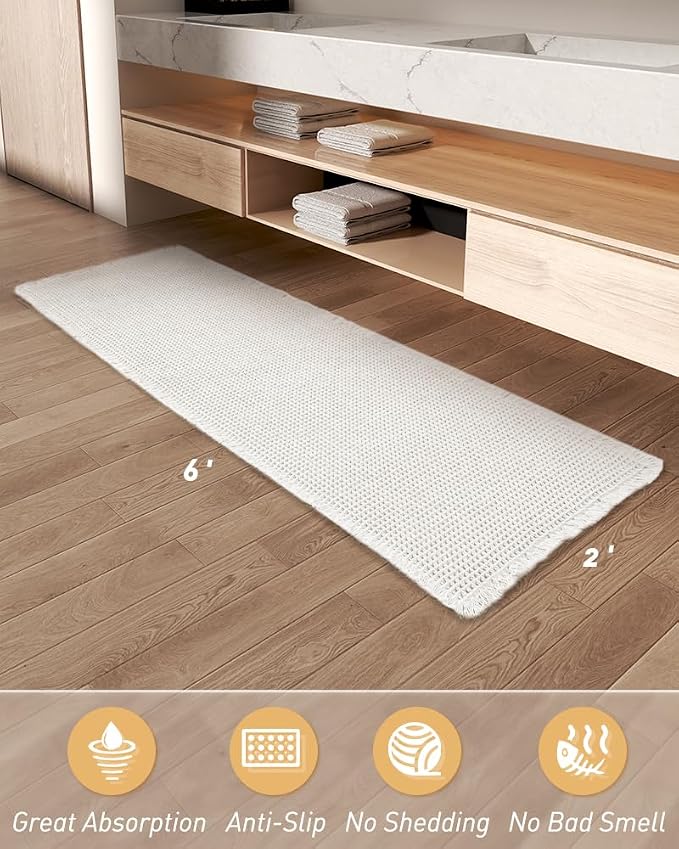 AMOAMI Upgraded Waffle Runner Rug Super Absorbent Non Slip Bath Mats for Bathroom Floor, Washable Boho Bathroom Runner Rug with Tassels, Ideal for Hallway Bedroom Laundry Room, 2' x 6', White
