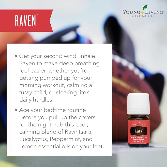 Young Living Raven Essential Oil Blend | 5 ml | Refreshing Aromatic Blend for Diffusers, Diluted Topical Use & Bath Time | Eucalyptus, Lemon, Wintergreen & Peppermint Oils | Portable Bottle