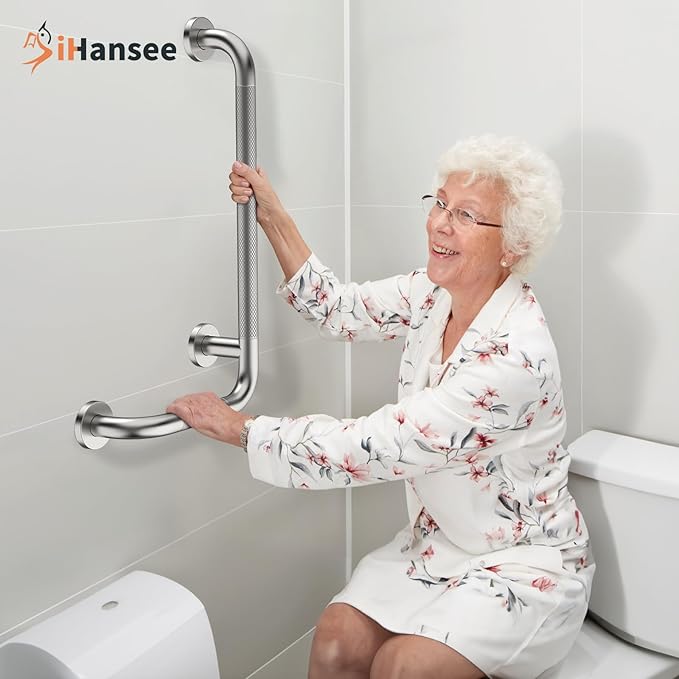 Brushed Nickel Angled Grab Bar 12x24 Inch, iHansee Bathroom Safety Bar w/Anti-Slip Knurled Grip, Wall Mount L-Shaped Shower Handle for Elderly Senior Handicap, Toilet Bathtub Balance Support Bar