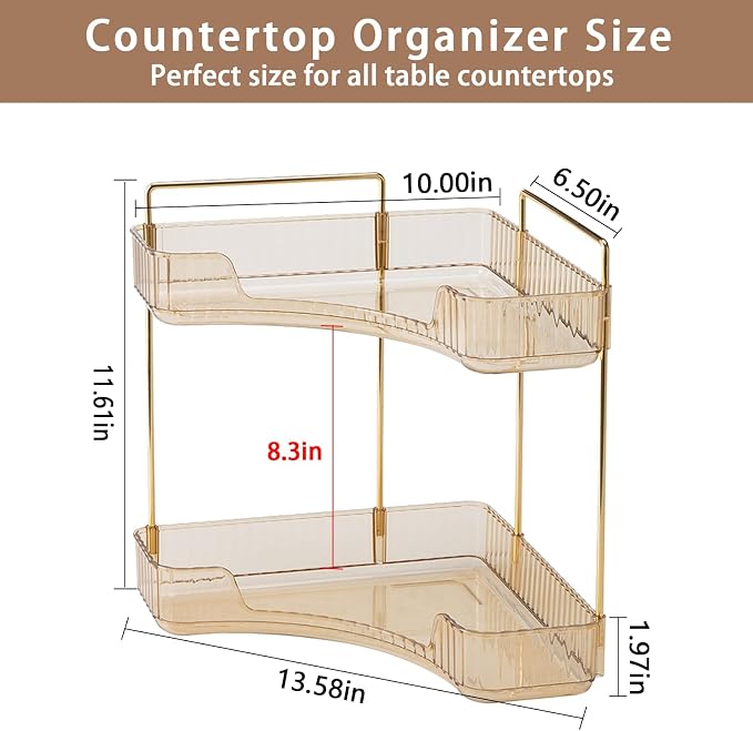 shuang qing 2-Tier Corner Bathroom Counter Organizer – Classic Storage Shelf for Makeup, Perfume & Toiletries, Space-Saving Countertop Tray Fits Bathroom, Dresser, Kitchen (Vintage Gold)
