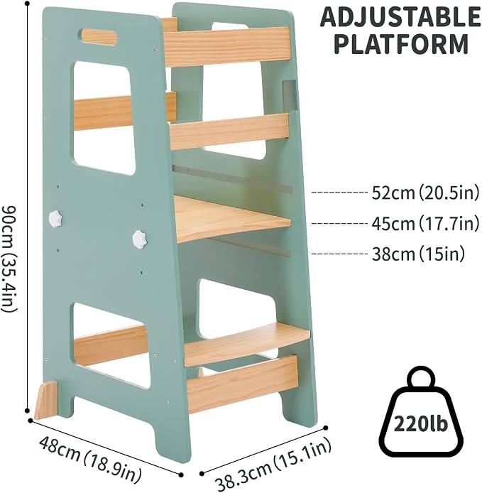 WOOD CITY Kitchen Step Stool - Safe Montessori Standing Tower for Kids with Safety Rail, Height Adjustable Toddler Ideal Helper for Learning New Skills, Anti-Slip Protection for Bathroom - Green…