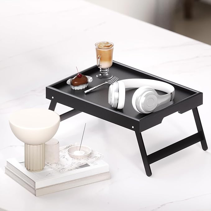 Fibogollo 2 Pack Bamboo Bed Tray Table with Folding Legs,Breakfast Trays,Serving Tray for Food and Snack,Laptop Trays for Working(Black)