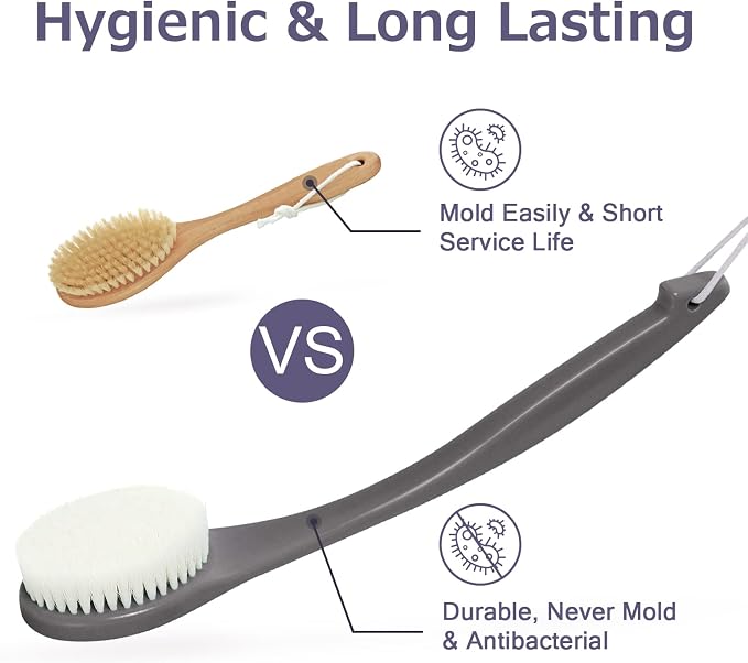 VANZAVANZU Exfoliating Shower Brush Back Scrubbers for Use in Shower, Plastic Bath Brush Long Handle for Shower with Moderate Bristles, Dry or Wet Back Brush for Shower Men Women-Grey