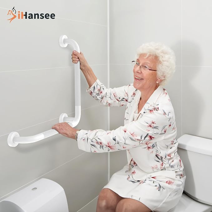 Angled Grab Bar - 16x16 Inch Stainless Steel Knurled Toilet Handles Wall Mounted Bathroom Handicap Safety Rails for Elderly Injured Balance Support, L-Shaped White Grab Bar for Shower