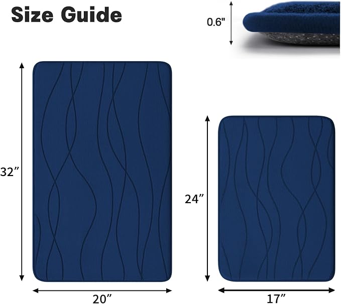 YIHOUSE Memory Foam Bathroom Rug Sets, Dark Blue, 17"x24"+20"x32", 2 Piece | Ultra Soft, Absorbent, Non-Slip, Machine Washable