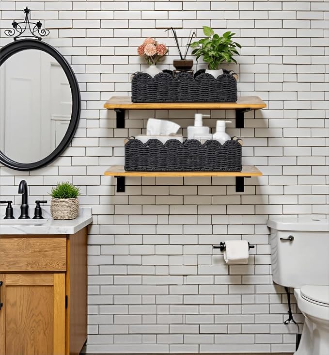 CubesLand Toilet Paper Storage Basket, Scalloped Edge Shelves Basket for Organizing for Over Toilet Tank Storage, Home Decor Baskets for Shelf, Countertop, Living Room, Bedroom, Handwoven, Black