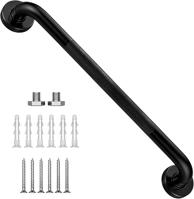 20 Inch Shower Grab Bar 1.25" Dia, Black Anti Slip Bathroom Grab Bar, 304 Stainless Steel Knurled Handicap Grab Bars, Safety Support Handrail, Assist Bath Shower Handle for Elderly Injury Senior