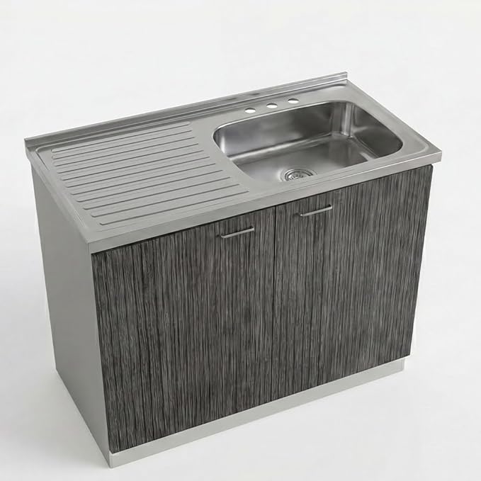 Tuhome Napoles Utility Sink Base Cabinet with Integrated Stainless Steel Countertop, Freestanding Cabinet with Double Doors, Interior Shelf for Laundry Room, Utility Room, Mudroom or Kitchen