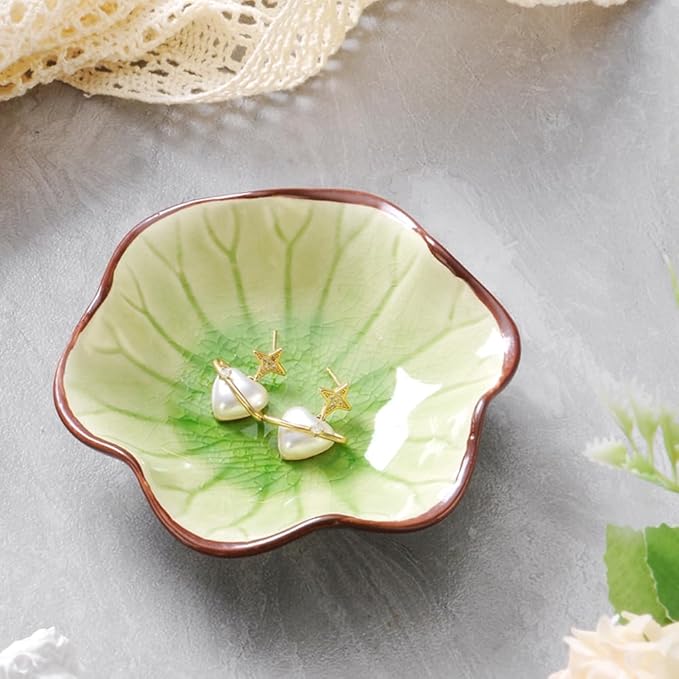 JAMEND CLXP Ice Cracking Leaf Jewelry Dish, Decorative Ring Holder Small Trinket Tray Bowl, Gifts for Daughter Mom Friends, Grass Green.