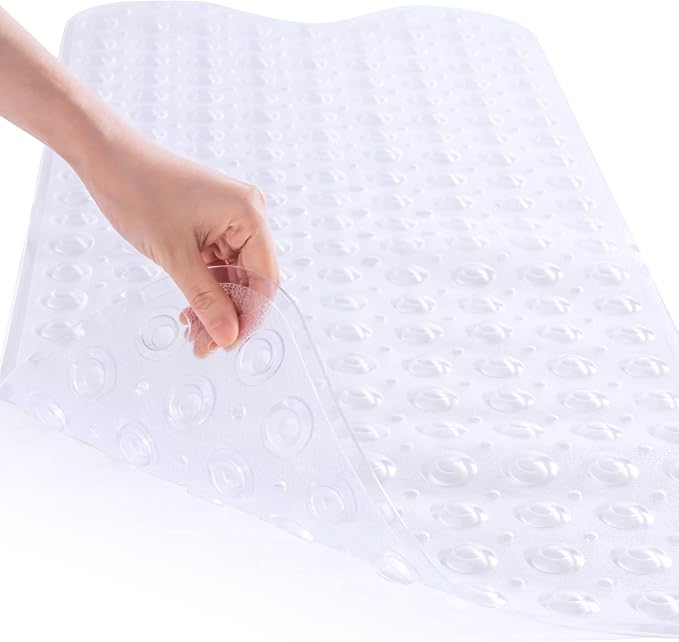 ROSMARUS Shower Mat Extra Long 16” x 39” Non-Slip Bath Mat for Tub with Suction Cups and Drain Holes Bathtub Mats for Kids, Baby, Bathroom Shower Floor Mat Anti Slip Bathtub Accessories, Clear