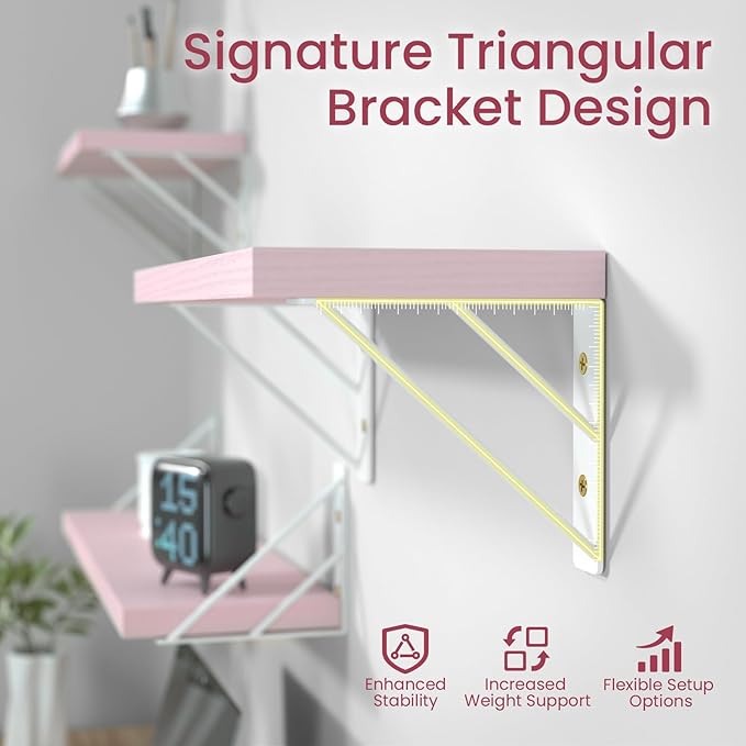 BAYKA Wall Shelves for Bedroom Decor, Pink Floating Wall Shelf for Living Room Kitchen Storage,Mounted Rustic Wood Shelves for Kids Books, Corner Shelf for Bathroom(16in，Set of 4)