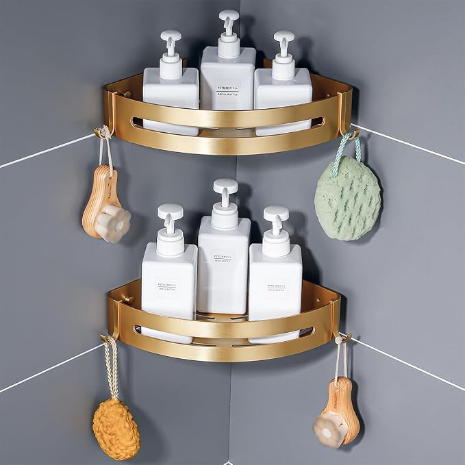 Brushed Gold Color 2 Packed Bathroom Shelves Shower Corner Caddy Organizer Shampoo Holder,Adhesive or Drilling