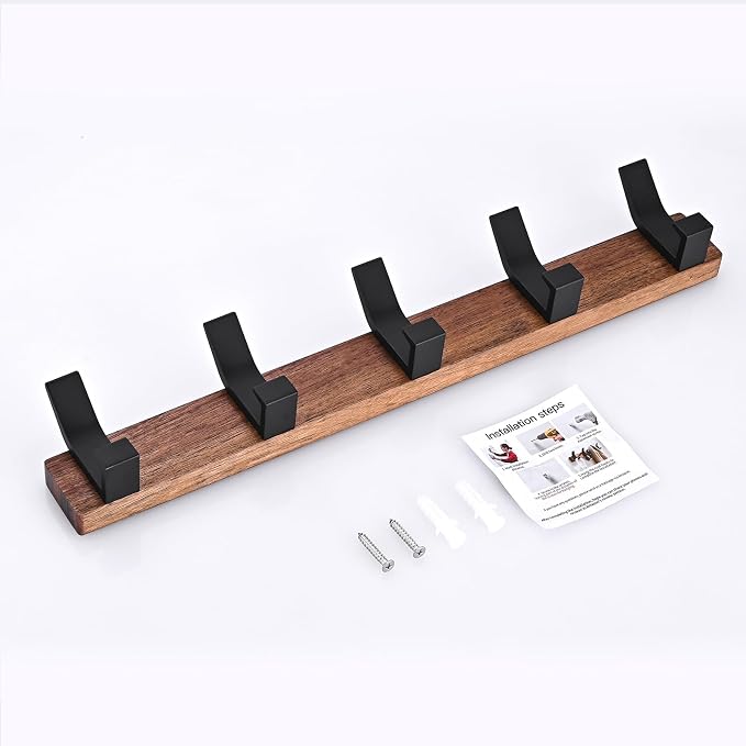 Coat Rack Wall Mount - 16.9 Inches Coat Rack Wall Mount with 5 Hooks Walnut Wood Coat Hooks Wall Mounted Rustproof Coat Hanger Black Aluminum Wall Hooks for Hanging Coat Hat Backpack Key