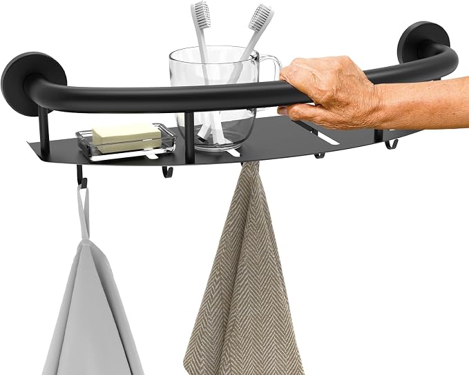 Munzong 18 Inch Shower Grab Bar w/Storage Shelf, Black Stainless Steel 2 in 1 Bathroom Balance Bar, Safety Hand Rail Support Senior Assist Bath Handle
