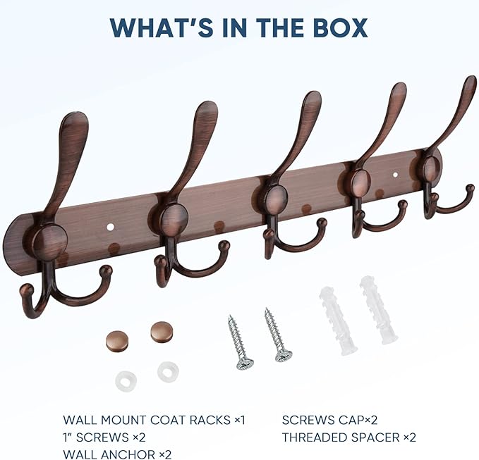 TICONN Wall Mounted Coat Rack, Five Heavy Duty Tri Hooks All Metal Construction for Jacket Coat Hat in Mudroom Entryway (Antique Bronze, 1-Pack)