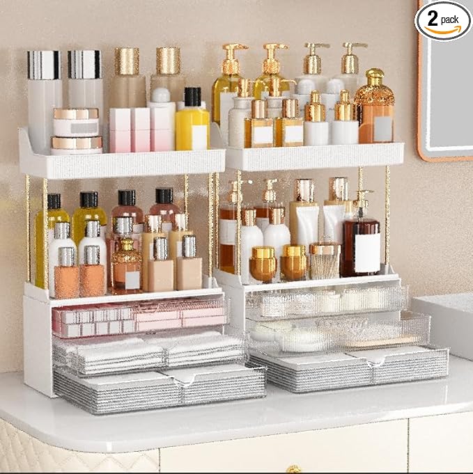 caktraie 2 Pack Bathroom Counter Organizer - 3 Drawers Makeup Organizer, Cosmetic Storage Drawer for Dresser Countertop and Bathroom Vanity for Large Skincare, Perfume, Clear