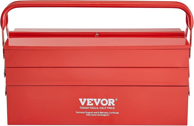 VEVOR Metal Tool Box, 18-inch, 3-Tier 5-Tray Portable Folding Tool Chest Organizer with Handle & Lock Hole, Powder Coated Steel, Cantilever Toolbox for Household Factory Warehouse Repair Shop, Red