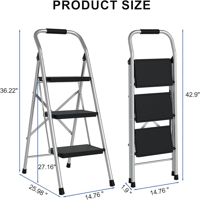 3 Step Ladder for Kitchen Step Stool, Lightweight Folding Step Stool with Curved Safety Handrail, Auto-Lock Mechanism & Non-Slip Wide Pedals, Slim&Foldable for Home Indoor（Sliver）