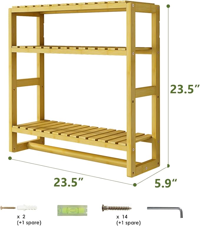 Galood Over The Toilet Storage Bathroom Shelves Wall Mounted 3 Tier Space Saver Corner Shelf Organizer Bamboo Towel Rack Toilet Paper Cabinet with Hanging Rod Yellow