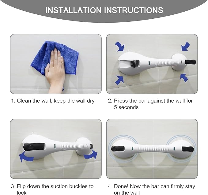 2Pack Suction Grab Bar for Shower Bathtub: Upgraded Heavy Duty Non-Slip Grip Handle with Strong Suction Cup for Bathroom Wall, Max Load 269LBS Safety Bar for Elderly Senior (2, White)