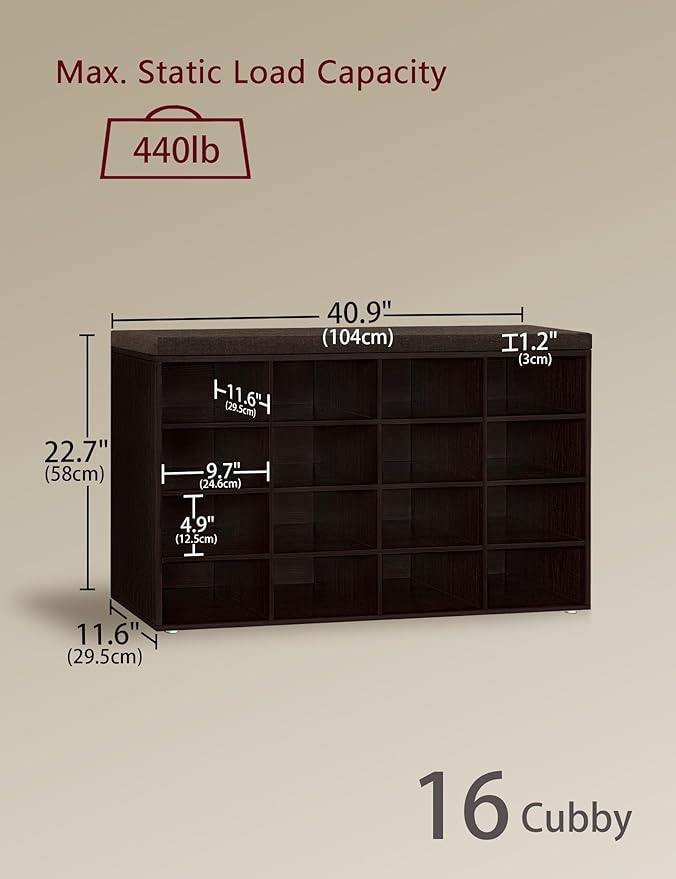 DINZI LVJ Shoe Storage Bench with Cushion, 16-Cubby Shoe Rack, Adjustable Shelves, Multifunctional Shoe Organizer Bench for Entryway, Mudroom, Hallway, Living Room, Bedroom and Garage, Espresso