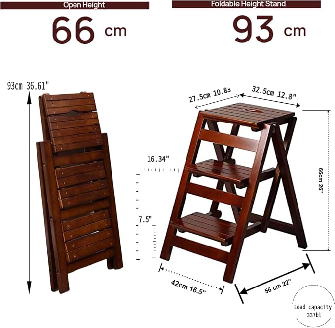 3-Step Ladder Stool, Wooden Folding Step Stool for Home & Kitchen, Solid Pine with Non-Slip Steps & Anti-Scratch Shoe Covers, 337lb Weight Capacity, Space-Saving, No Assembly Required (Walnut)