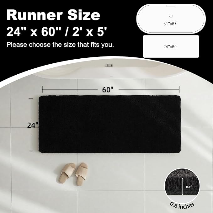 TYUU Bathroom Runner Rug, Ultra Soft Long Bath Mat Machine Washable Super Absorbent Quick Dry Bathroom Runner Rugs 24 x 60 Non Slip, Black 24" x 60"