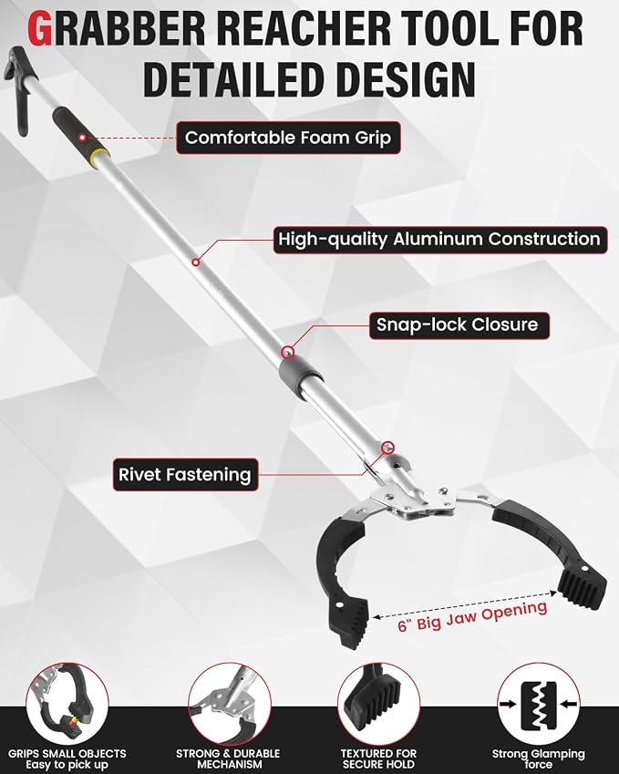 Grabber Reacher Tool Extra Long, 69" Trash Picker Upper Grabber Heavy Duty Stainless Steel Thickened Non-Slip 6 inch Wide Jaws Claw Reaching Tool