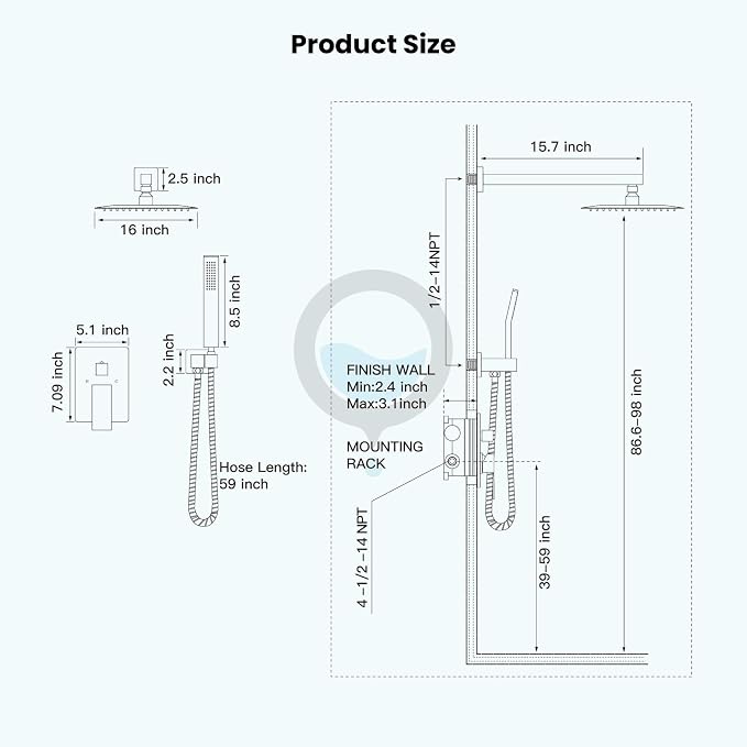 gotonovo Rainfall Bathroom Shower System Rain Shower Head and Handle Set Wall Mounted Shower Complete Combo Solid Brass Pressure Balancing Shower Mixer Valve 16 Inch Matte Black