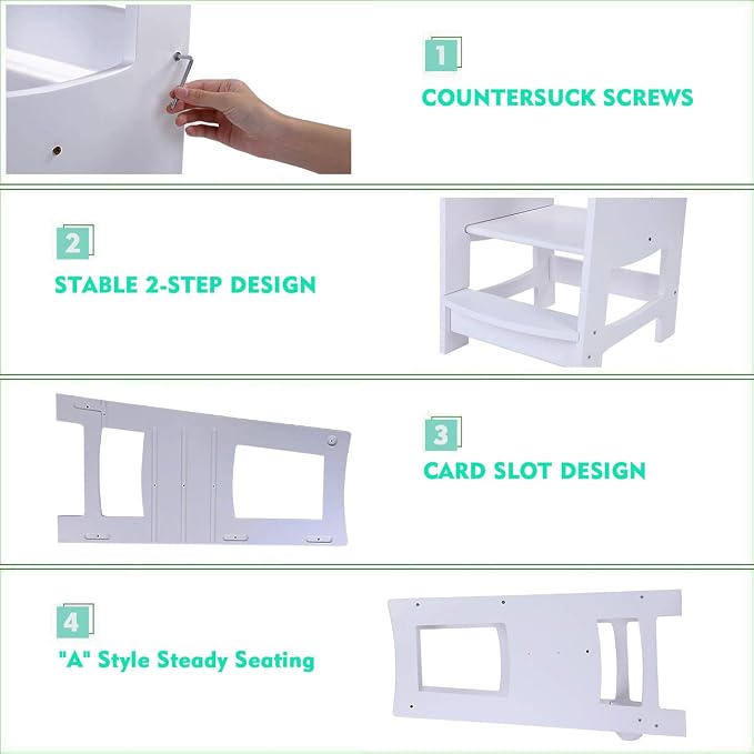 EGREE Toddlers Kitchen Step Stool with Safety Rail Kids Wooden Standing Tower for Kitchen Counter and Bathroom Sink, 3 Heights Adjustable Step Up Stool Mothers' Helper, Solid Wood Construction, White