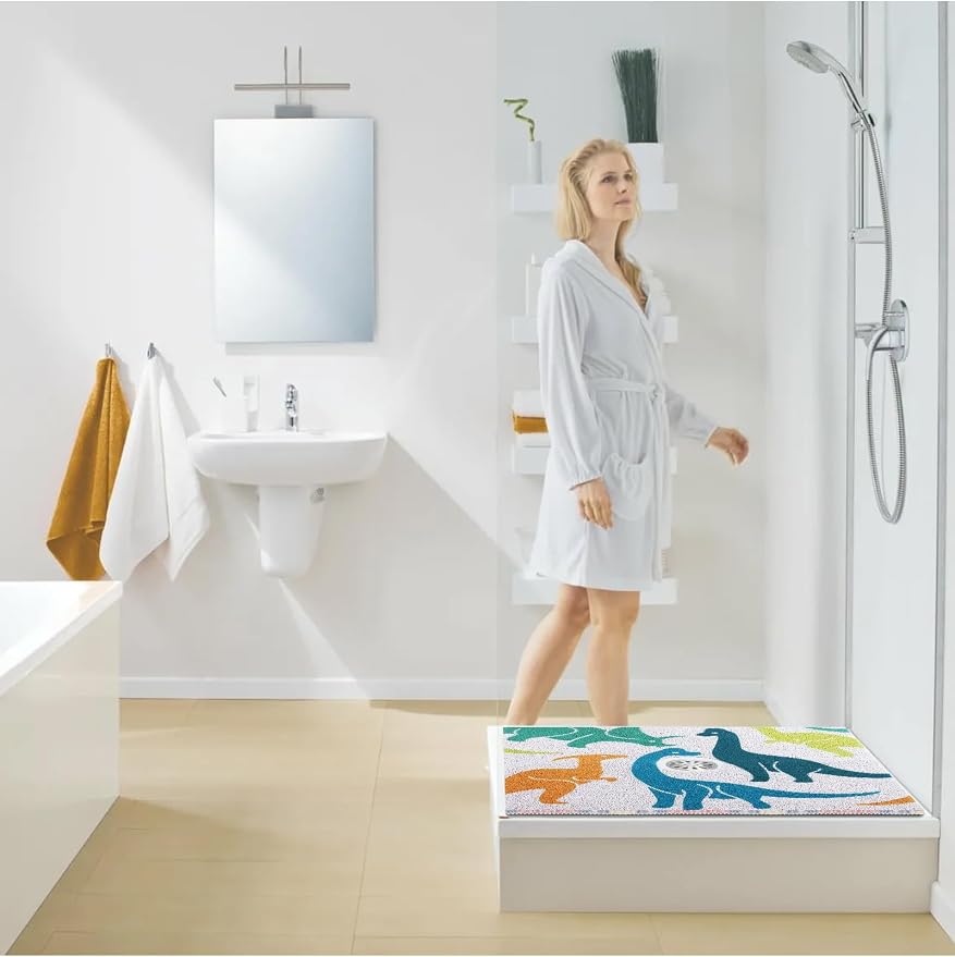 Extra Large Square Shower Mat, Yonala 36 x 36 Inch Stylish Non Slip Shower Mats for Inside Shower with Drain Hole in Middle, Soft Trimmable PVC Loofah Anti Slip Shower Mat, Quick Drying