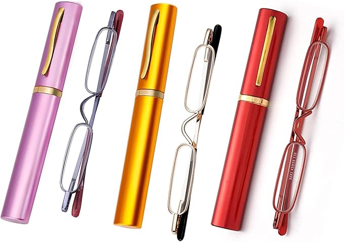 Viseng Slim Mini Metal Reading Glasses Compact Lightweight Portable Readers with Glasses Case for Reading Case,Gold+Purple+Red+3.5