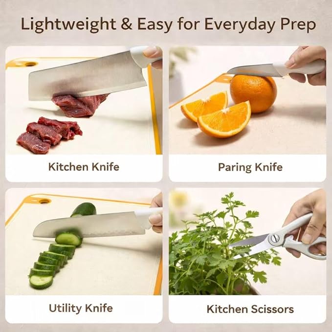 Small Knife Block Set, Modern Kitchen Knife Scissors with Universal Round Holder, Home Apartment New Kitchen Essentials, Space Saving, Keep Blade Dry(Beige White, 5PCS)