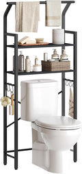 YATINEY 2-Tier Over The Toilet Storage, Multifunctional Vertical Over Toilet Bathroom Organizer, Freestanding Bathroom Storage Shelves with Hooks, Bathroom Organizer, Rustic Brown and Black TR01BB
