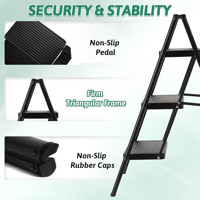 3-Step Folding Ladder, Heavy Duty Ladders for Home & Kitchen, Folding Ladder Easy to Store, Tall Ladder for Adults, Anti-Slip & Space-Saving Step Ladder, 330 Lbs Capacity