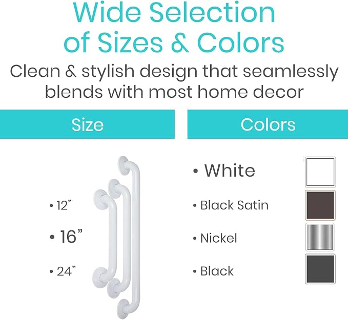 Vive Grab Bar for Showers - Bathroom Antislip Handrail for Seniors, Elderly Assistance Product, Heavy Duty Shower Handles, Handicap Grab Bars, Stainless Steel, Multipurpose, 440 lbs (White)